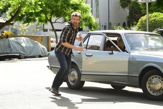 Gordon (Patrick Brammall) accidentally runs over a dog while staring at Ashley (Harriet Dyer) in the street.