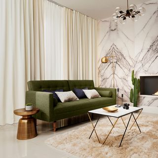 room with marble effect wallpaper