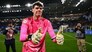 Goalkeeper Edoardo Motta of SS Lazio celebrates after winning the serie Coppa Italia Semi-Finals Second Leg