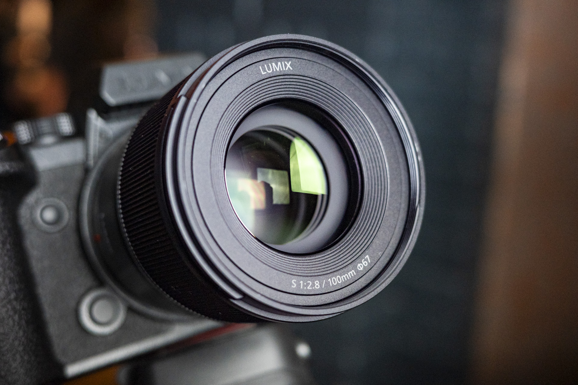Front lens element of the Panasonic Lumix S 100mm F2.8 Macro lens