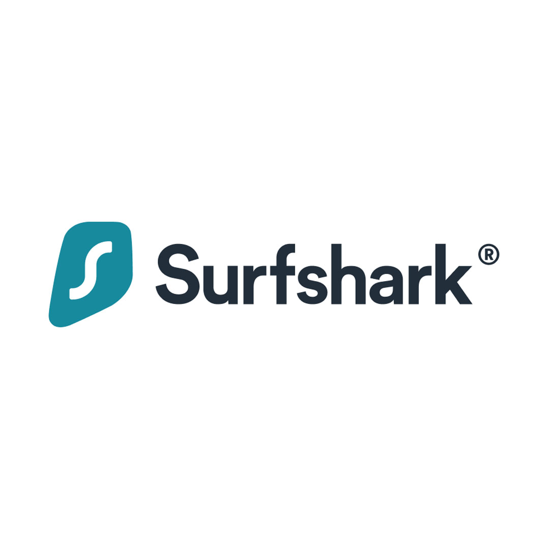 White background with blue shape over a white S next to the word Surfshark written in black