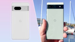 A split image with an official render of the Google Pixel 7 and a real-life photo of the Pixel 6a
