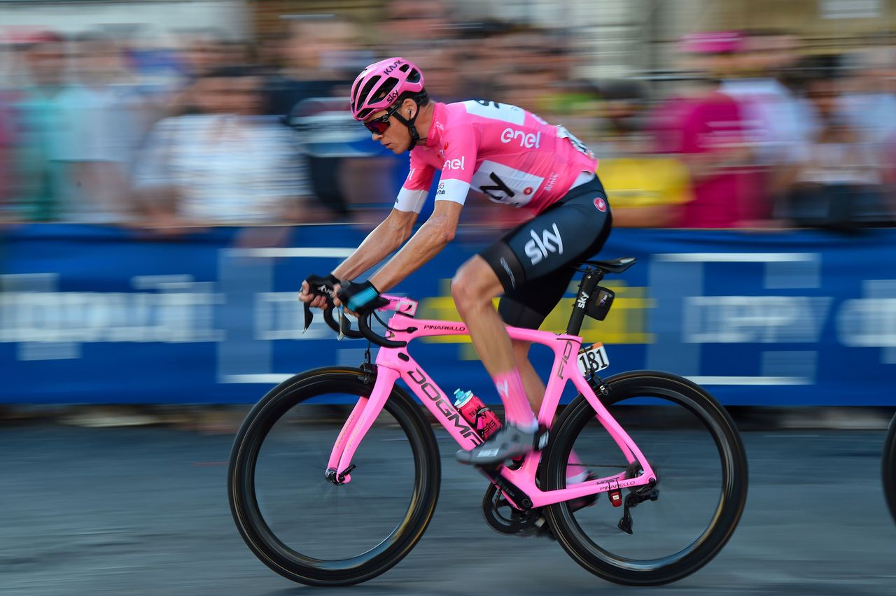Chris Froome with his neon pink Pinarello