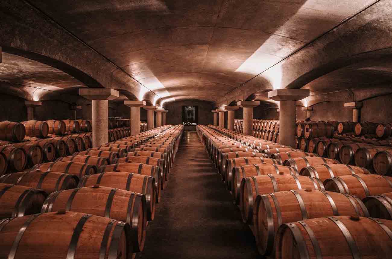 Wine cellar at Ch&acirc;teau La Garde in Bordeaux, France