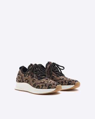 River Island, Brown Leopard Print Knit Trainers