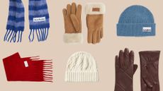 Flat lay of six images of scarfs, hats and gloves