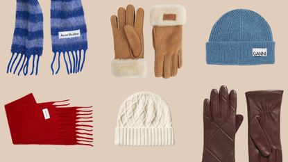 Flat lay of six images of scarfs, hats and gloves