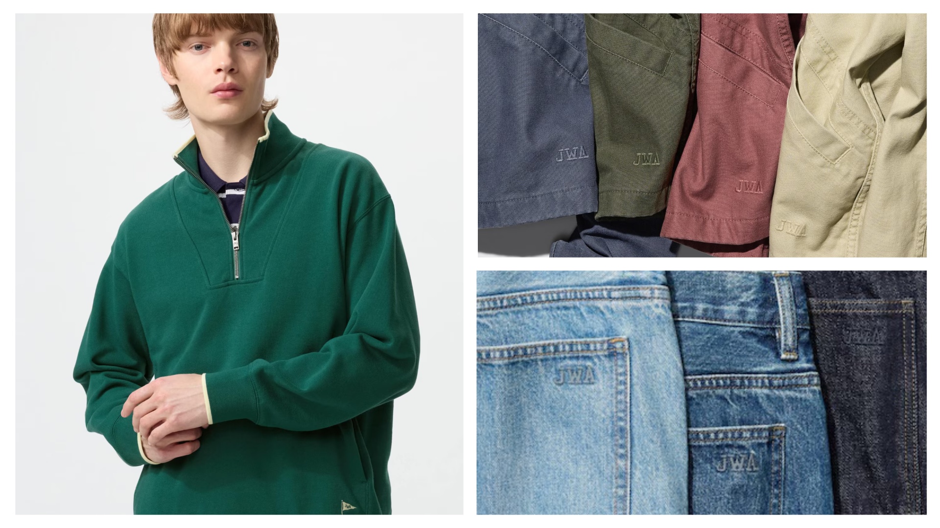Uniqlo x JW Anderson collection on the left a green quarter zip and on the right different fabrics being featured 