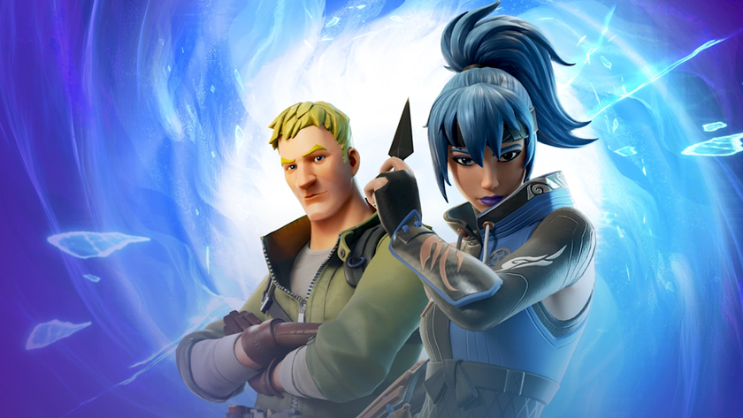 A man in army fatigues stands crossing his arms next to a blue-haired woman posing with a throwing kunai