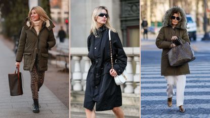 composite of three women wearing the best parkas for women in street style shots