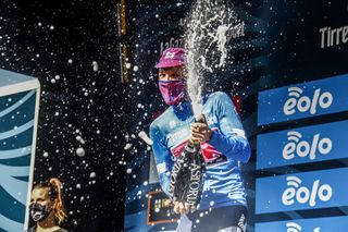 Champagne supernova: Michael Woods’ victory on stage 3 of the 2020 Tirreno-Adriatico also netted him the EF Pro Cycling rider the blue leader’s jersey 