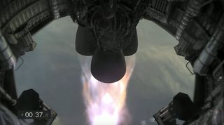 The three Merlin engines on SpaceX's SN11 prototype firing during the craft's test flight on March 30, 2021.