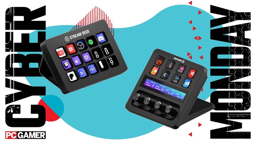 Two different Elgato Stream Decks on a Cyber Monday background