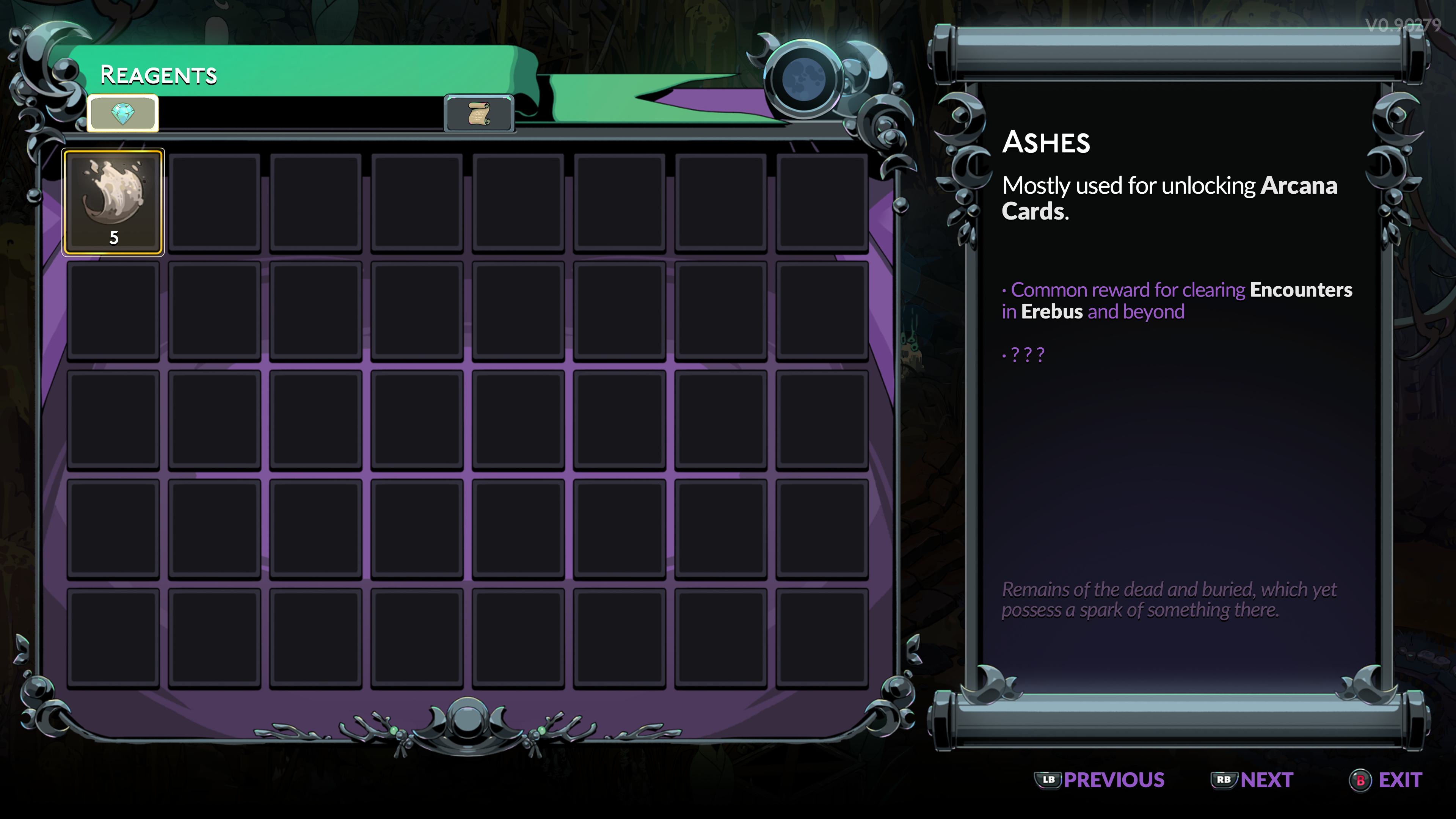 Hades 2 screenshot of the reagent menu with ashes