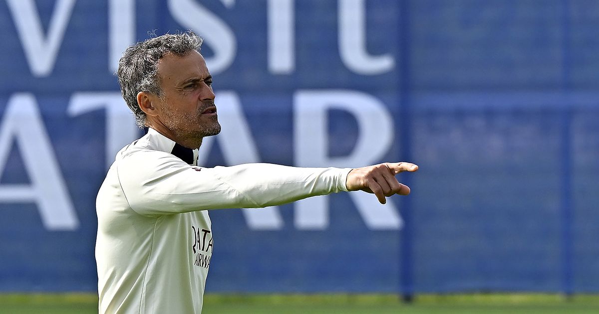 PSG boss Luis Enrique reacts during a Paris Saint-Germain training session at Campus PSG on August 30, 2023 in Paris, France.