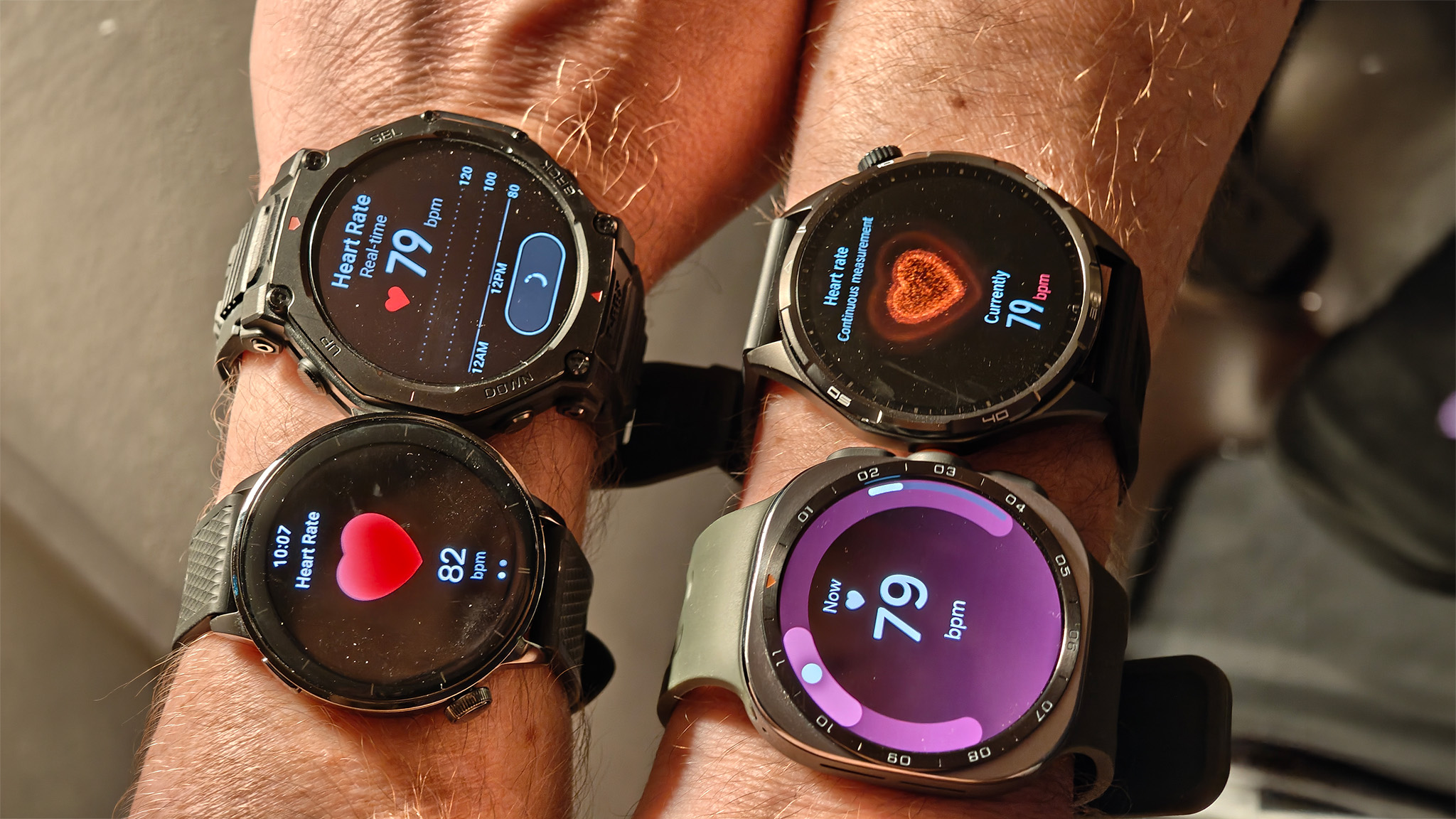 Wearing an Amazfit T-Rex 3 Pro, Honor Watch 6, OnePlus Watch 3 43mm, and Samsung Galaxy Watch Ultra 2 to bed