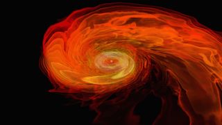 Two neutron stars rip each other apart to form a black hole in this NASA simulation. New research suggests that a stellar collision like this occurred very close to our solar system some 4.6 billion years ago, showering our cosmic neighborhood with many of the heavy elements crucial to life.