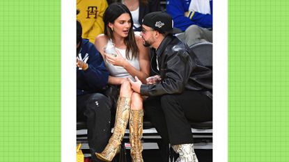 Kendall Jenner and Bad Bunny attend the Western Conference Semifinal Playoff game between the Los Angeles Lakers and Golden State Warriors at Crypto.com Arena on May 12, 2023 in Los Angeles, California