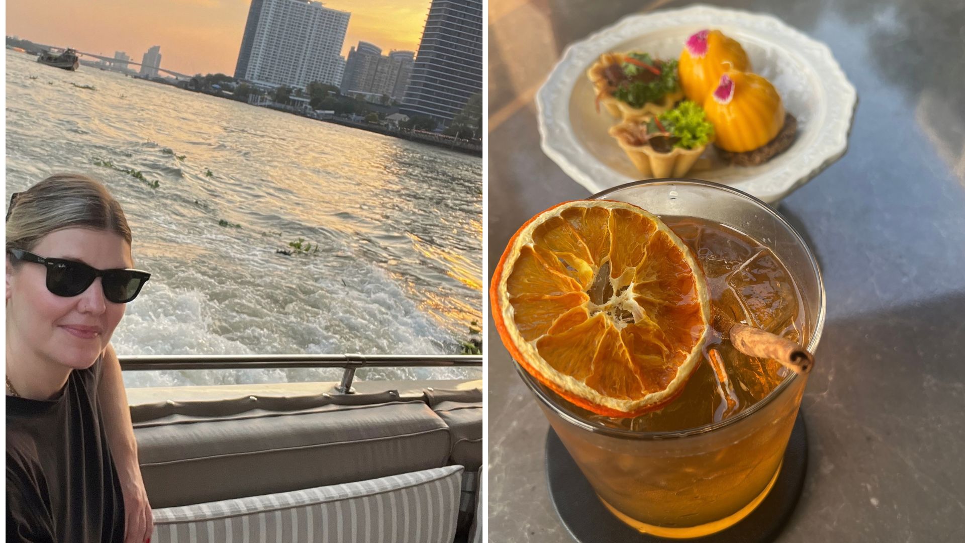 fiona mckim pictured on a shuttle boat in Bangkok with a sunset and skiscraoers in the backgrounf, then a cocktail pictured next to thai canapes