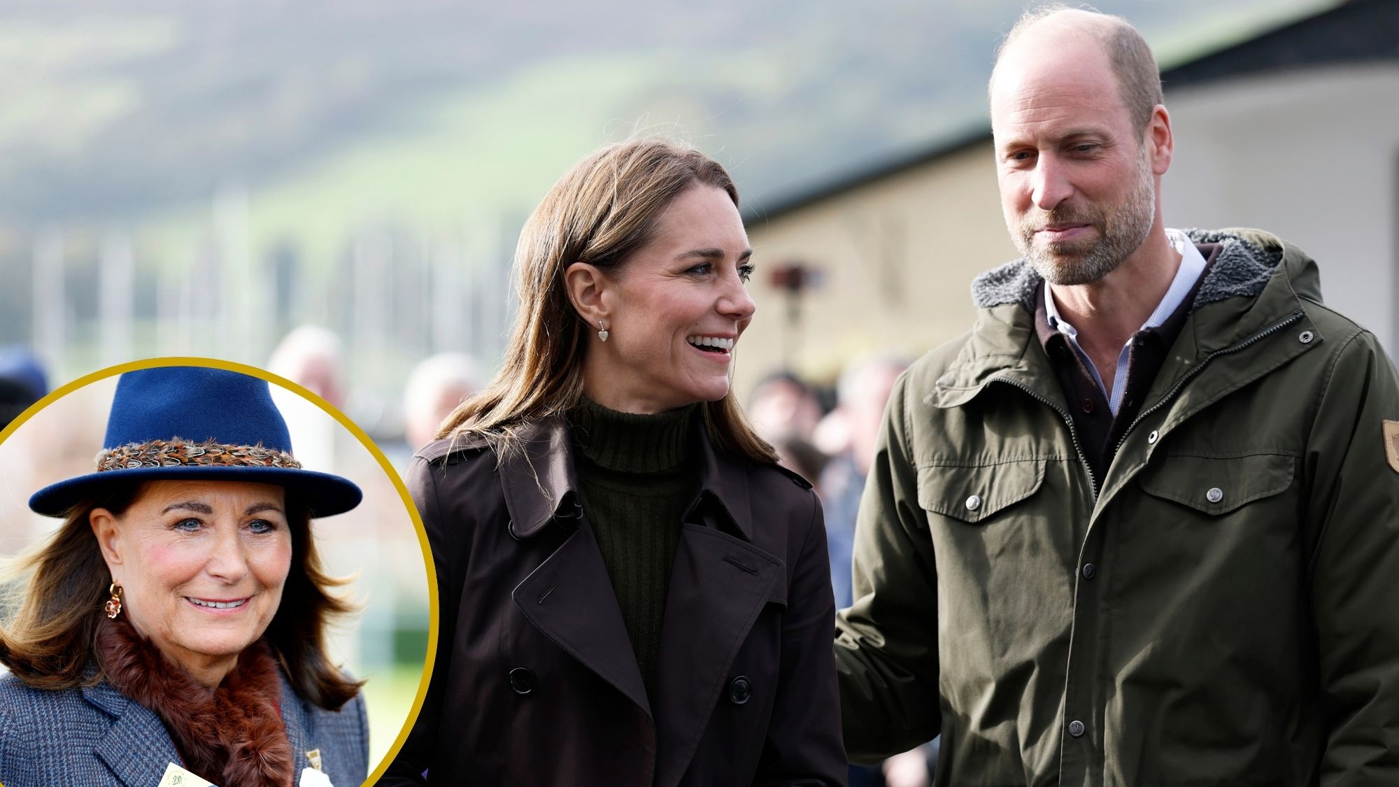 A roundel of Carole Middleton at Cheltenham 2026 and a picture of Prince William and Kate on the Isle of Bute on September 17, 2026