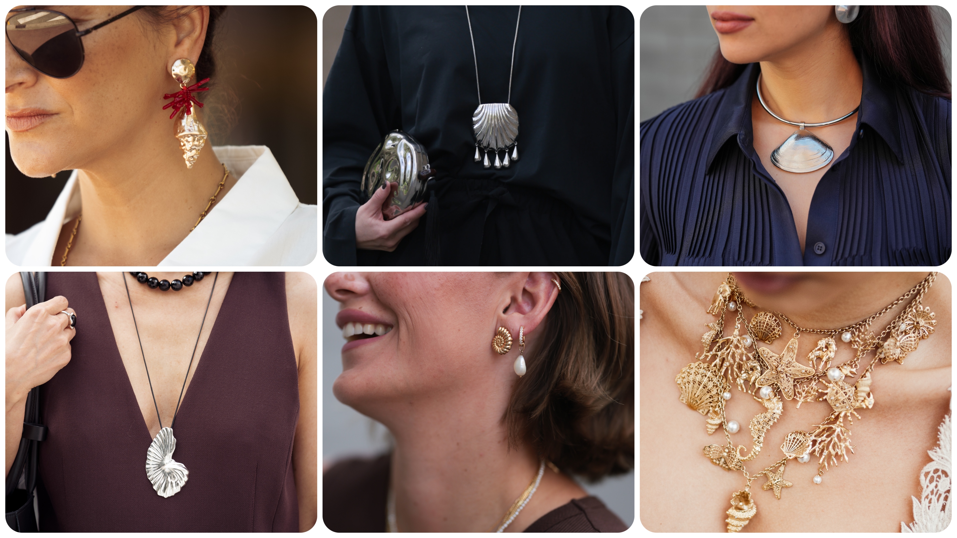 collage of women wearing seashell jewelry 