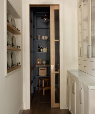 white kitchen leading into pantry with dark gray-blue walls and built-in shelving