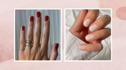 Two hands pictured with 2024 nail trends: on the left is a hand with gold and silver rings and a bright red nail look and on the right, a hand with a cream manicure created by nail artists @matejanova/Mateja Novakovic and @gel.bymegan/ in a pink watercolour template