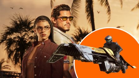 Composite image showing Grand Theft Auto 6 key art and within an inline circle a racer from Star Wars Galactic Racer