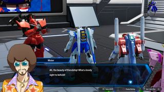 A screenshot of a dialogue sequence in Gundam Breaker 4, where a flamboyantly dressed man named "Mister" is saying, "Ah, the beauty of friendship! What a lovely sight to behold!"