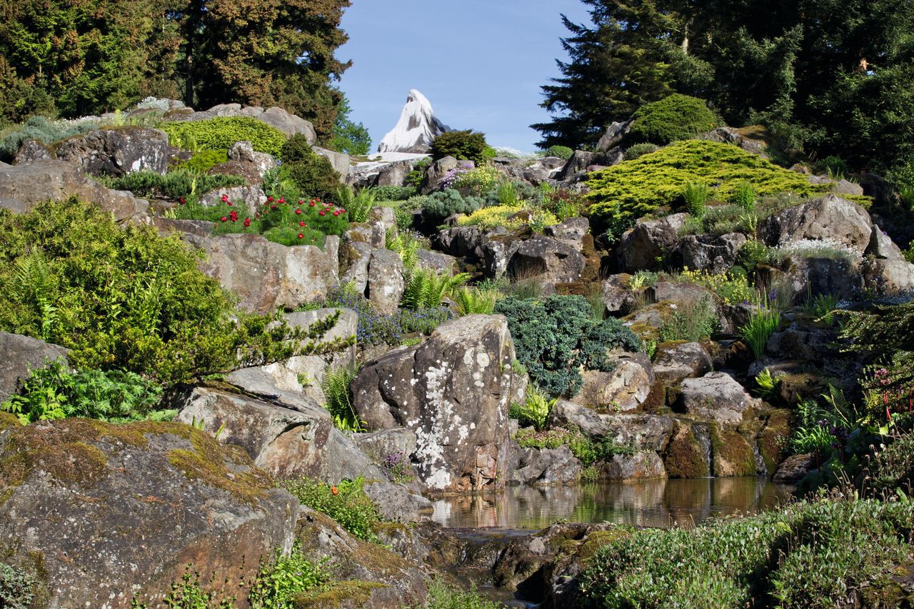 Friar Park&#039;s mature conifers now frame the original view. The peak is seen in its summertime garb.