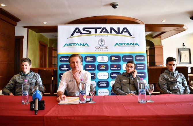 Astana team manager Alexandr Vinokourov presents his team's stars: Jakob Fuglsang, Alexey Lutsenko and Miguel Angel Lopez