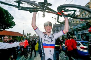 Matej Mohorič celebrates San Remo glory with his famous dropper post-equipped Merida two years ago