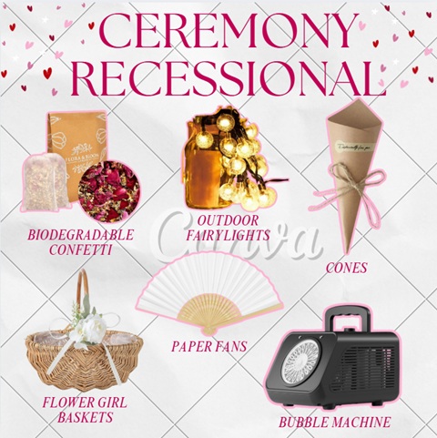 A graphic titled 'ceremony recessional' with various images and text of items you can purchase, including a bubble machine, cones, and biodegradable confetti.