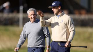 Jay Monahan and Billy Horschel talk to each other before the Alfred Dunhill Links Championship