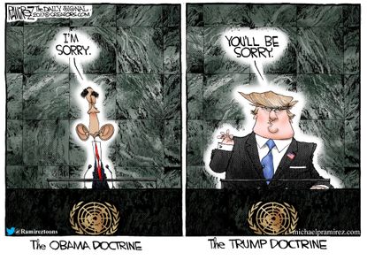 Political cartoon U.S. Trump UN speech Obama