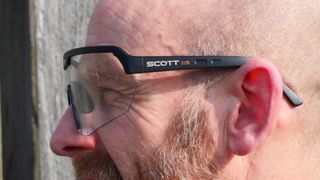 Close up of the Scott Sport Shield sunglasses arms while being worn