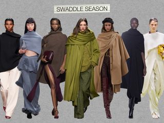A collage of wrapped-up, swaddle-like looks from the F/W24 runways, including images from Bottega Veneta, Proenza Schouler, Ferragamo, Alberta Ferretti, Chloé, Brandon Maxwell, and Jil Sander