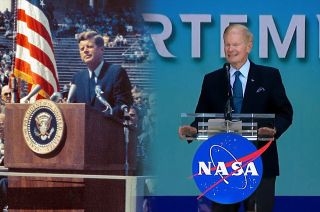 Separated by 60 years, President John F. Kennedy (left) and NASA Administrator Bill Nelson reaffirmed "we choose to go to the moon" in Rice Stadium at Rice University in Houston on Sept. 12, 1962 and 2022, respectively.