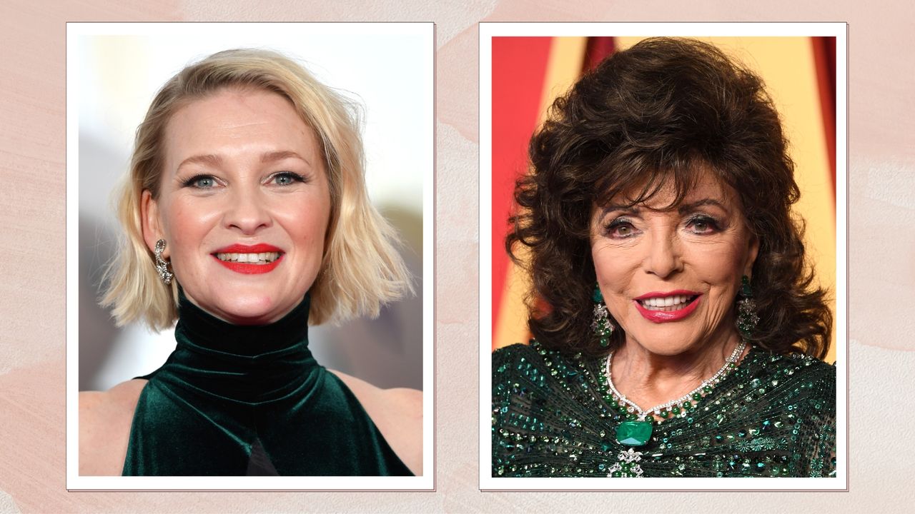 Collage of Joanna Page and Joan Collins on a pink watercolour background