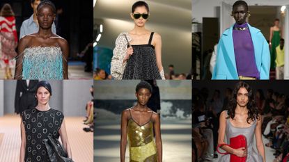 A collage of spring 2024 runway looks featuring maximalist fashion trends.