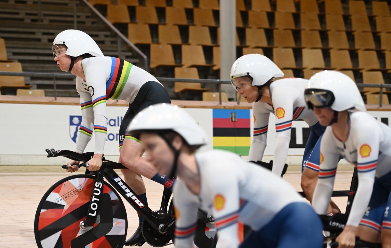 GB&#039;s team pursuit squad at the 2024 Track World Championships