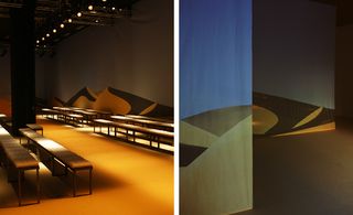 Gaia Trussardi's set transported show-goers to the desert, with stylised dunes painted on canvas and a sand-coloured catwalk.