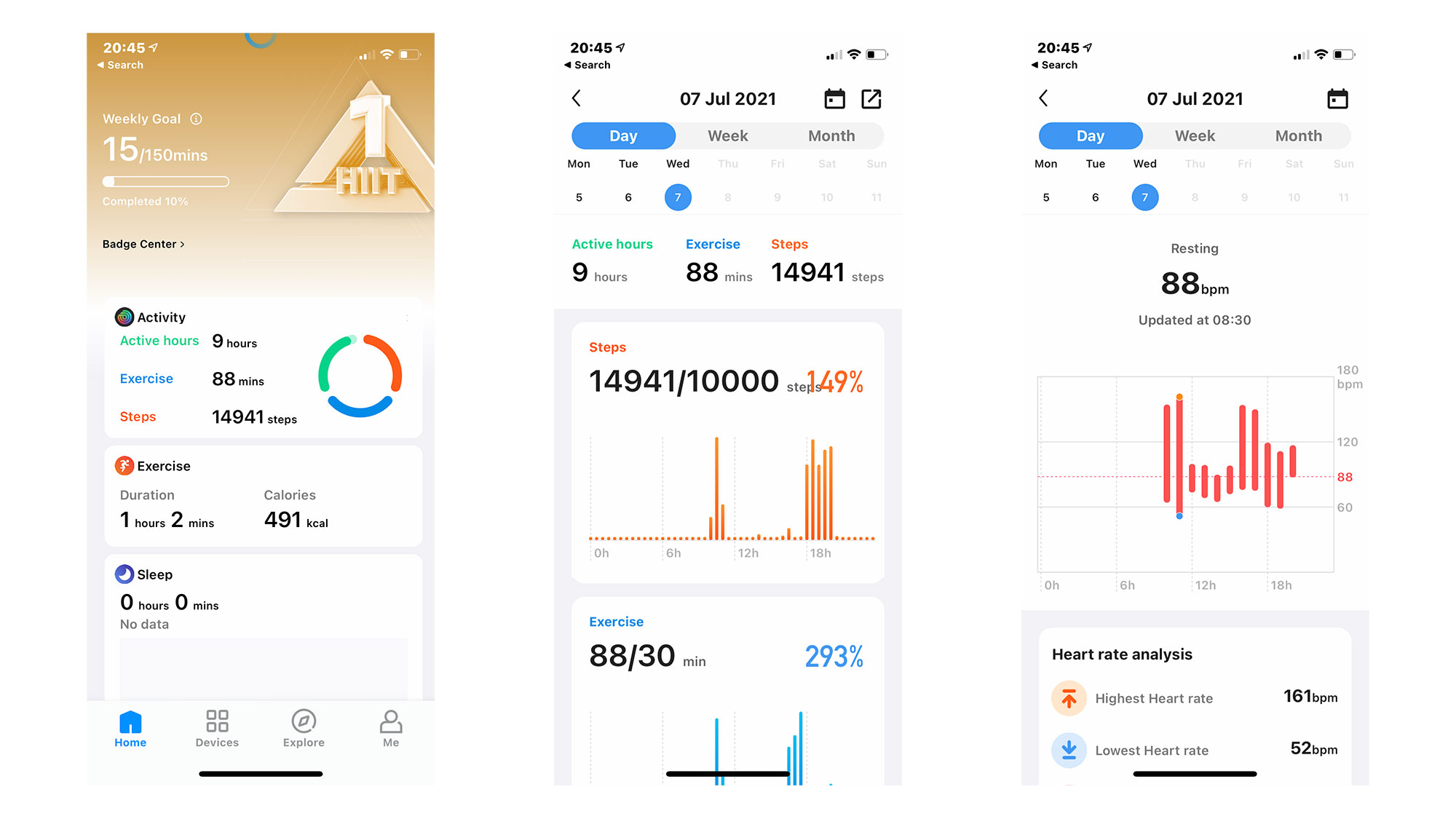 Screenshots of the Mobvoi app, showing data gathered by the TicWatch E3