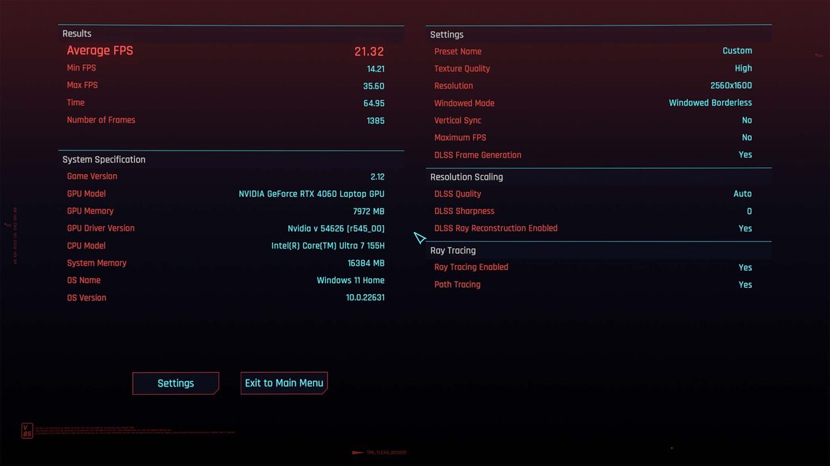 Dell Inspiron 16 Plus 7640 Ultra Cyberpunk 2077 benchmarks
