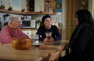 EastEnders Kat Moon gives the news to Mo and Jean