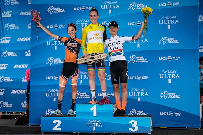 Overall 2019 Tour of California Women's Race winner Anna van der Breggen (Boels Dolmans) flanked by teammate Katie Hall and CCC-Liv's Ashleigh Moolman-Pasio