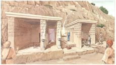 Reconstruction of a rock-cut structure in Israel that likely hosted ritual practices during the First Temple period. We see a small open building with people performing various rites.