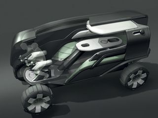 View of Thibaud Porcherot's green and grey Land Rover car concept featuring forward leaning seats against a grey background