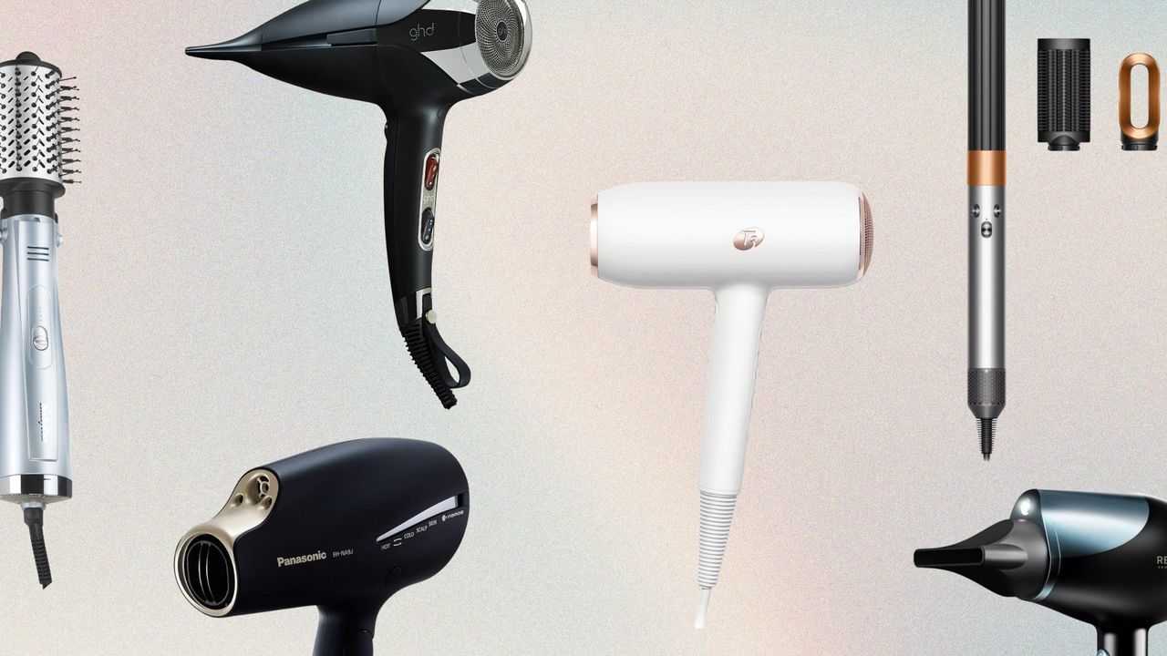 Collage of the best hair dryers for fine hair on a pastel watercolour background