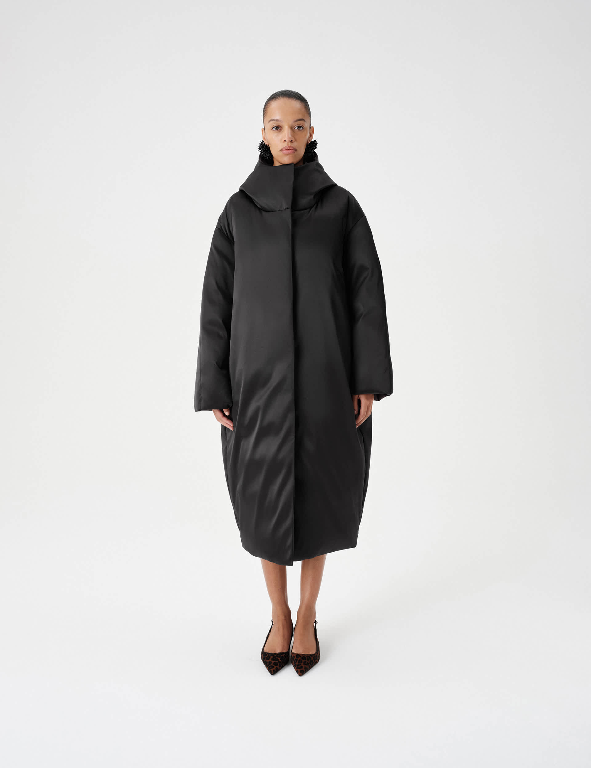 Feather &amp;amp; Down Satin Relaxed Hooded Maxi Puffer Coat